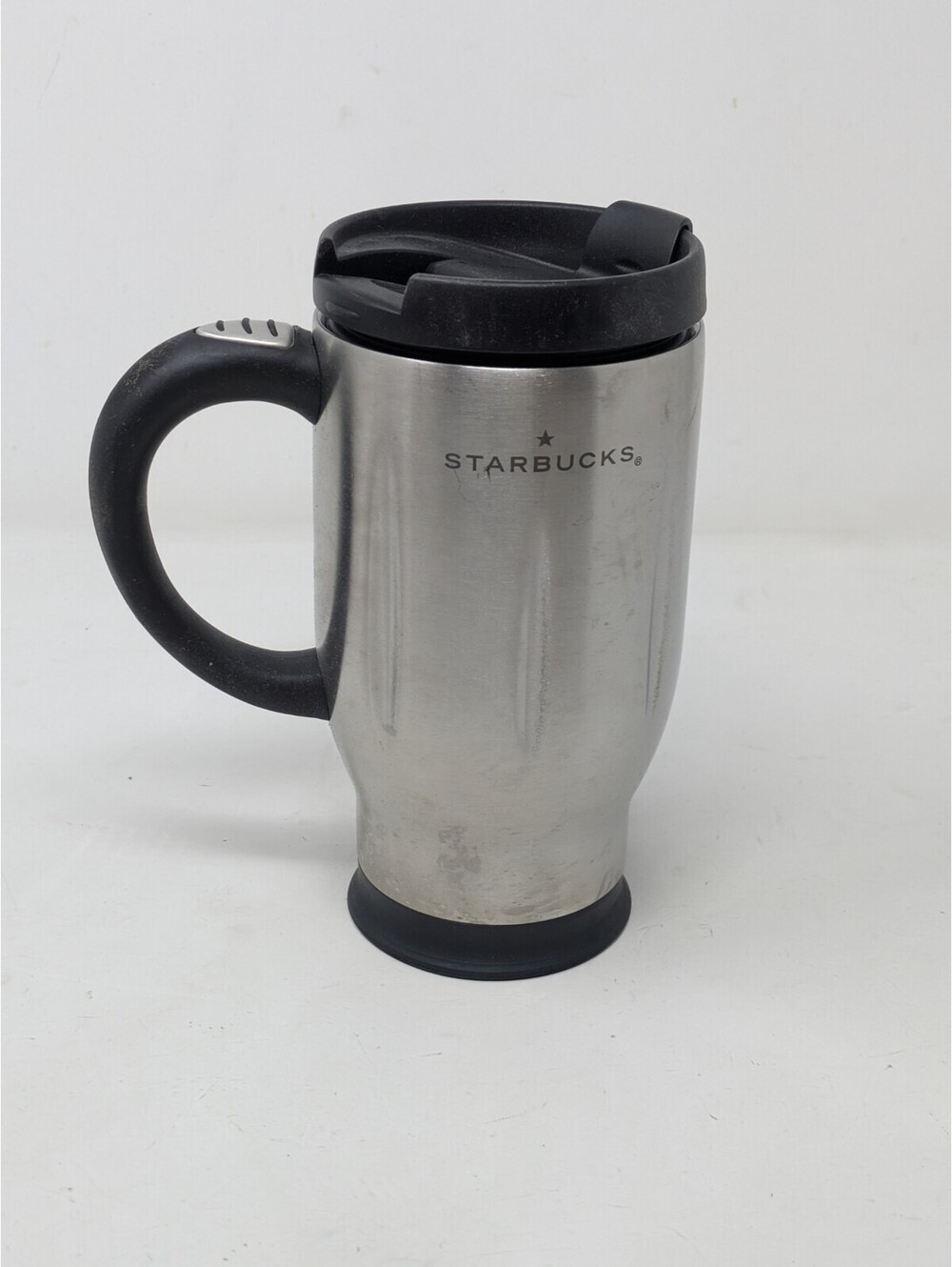 Vtg Starbucks Stainless Steel Travel Tumbler Mug Rubber Handle Lid Korea 16 oz
